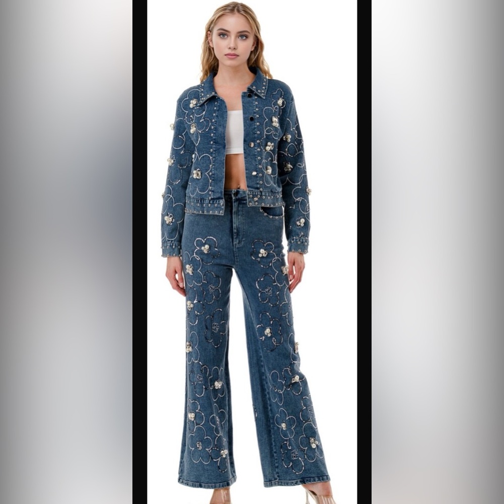 Embroidery Denim Jacket and Jeans Set S
